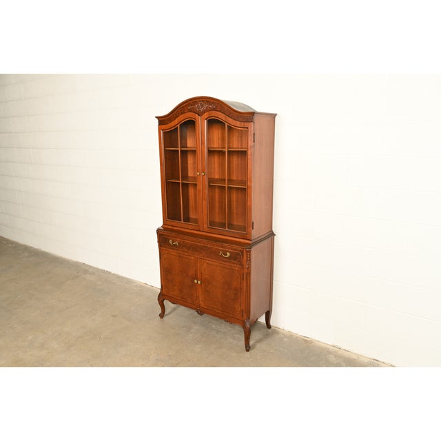 Romweber Romweber French Provincial Louis XV Carved Walnut and Burl Wood Breakfront Bookcase Cabinet, Circa 1930s For Sale - Image 4 of 18