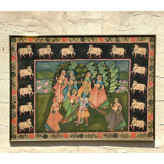 Indian Vintage Indian Pichwai Folk Art Painting on Silk For Sale - Image 3 of 14