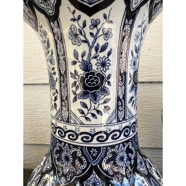 Vintage Large Delft Trumpet Vase Blue and White Floral Boch Royal Sphinx Urn For Sale - Image 9 of 18