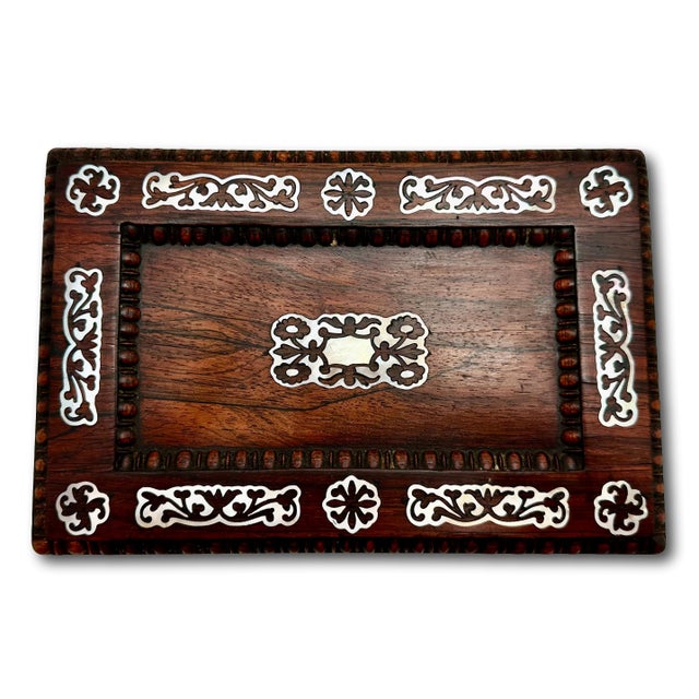 Outstanding Antique Victorian Rosewood Veneer Tea Caddy Box With Fancy Abalone Inlay Features - Circa 1870s For Sale - Image 10 of 18