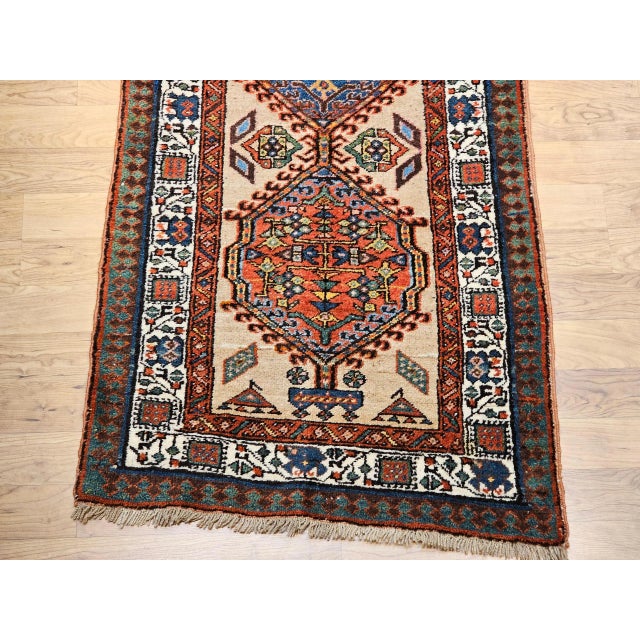 Antique Persian Serab Runner, Handwoven Wool, Geometric Pattern, Ivory & Blue, 3’ X 11’ For Sale - Image 10 of 12