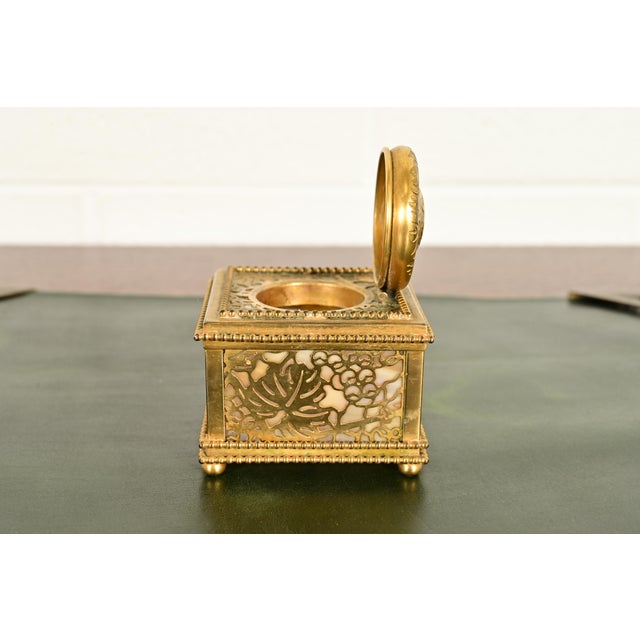 Metal Tiffany Studios New York Grapevine Bronze Doré and Favrile Slag Glass Inkwell For Sale - Image 7 of 14