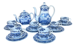 Blue and White Royal Homes of Britain Tea and Coffee Service from Enoch Wedgwood, 1950s, Set of 20