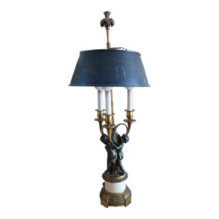 Antique Brass, Bronze, and Marble Cherub Bouillotte Lamp For Sale