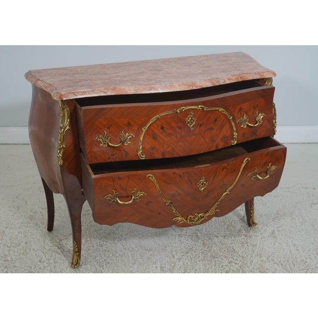 French Vintage Louis XV Style Marquetry Bombe Marble Top Commode For Sale - Image 3 of 18