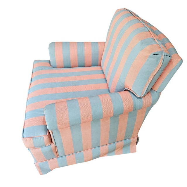 Lee Industries Vintage Lee Industries Swivel Armchair Rocker Striped Rolled Arm Chair MCM Blue For Sale - Image 4 of 14