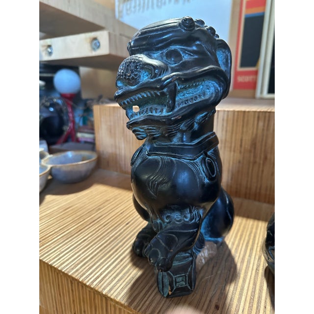 Mid 20th Century Black Glazed Terra Cotta Chinese Foo Dogs Lions- a Pair For Sale - Image 4 of 12