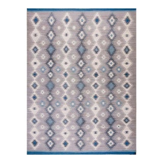 2000s Gray Blue Diamond Modern Contemporary Navajo Rug 9' X 12' Flatwoven Wool Carpet For Sale