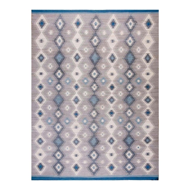 2000s Gray Blue Diamond Modern Contemporary Navajo Rug 9' X 12' Flatwoven Wool Carpet For Sale