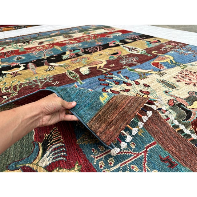 Multicolor Afghan Pictorial Bird & Tree Hand-Knotted Wool Rug - 9'7" X 6'9" For Sale - Image 14 of 15