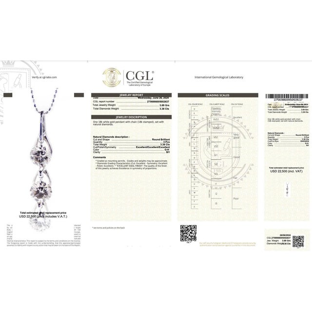 Cgl Certified 3.38 Carat Diamond Dangle Pendant Necklace in 18k White Gold For Sale In Miami - Image 6 of 6