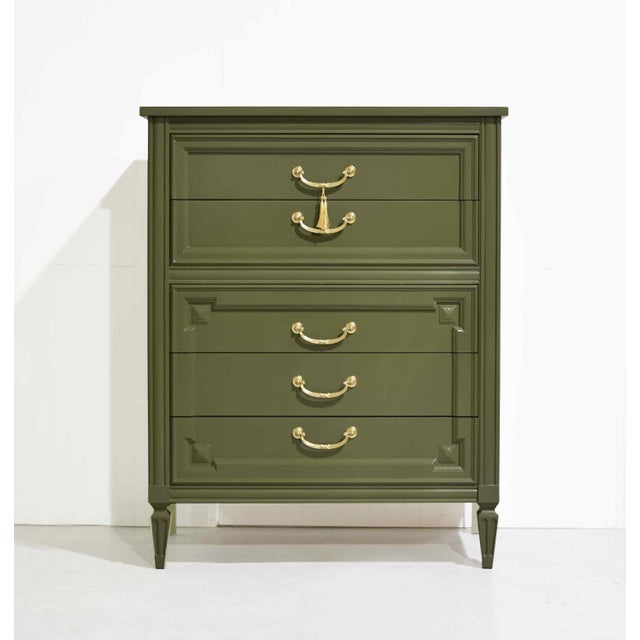 Transitional Mid Century Transitional 5-Drawer Chest With Brass Hardware by Thomasville - Newly Painted For Sale - Image 3 of 13