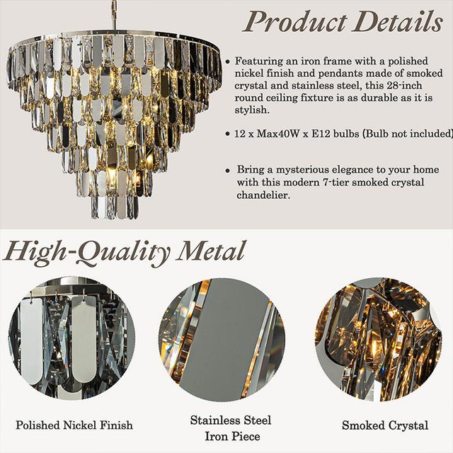 Contemporary Aloadecor 12-Light Dimmable 7-Tier Smoked Crystal Chandelier Large Modern Luxury Pendant Light With Polished Nickel Finish and Stainless Steel Accents For Sale - Image 3 of 9