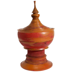 Burmese Red Carved Wood Temple Offering Box Basket