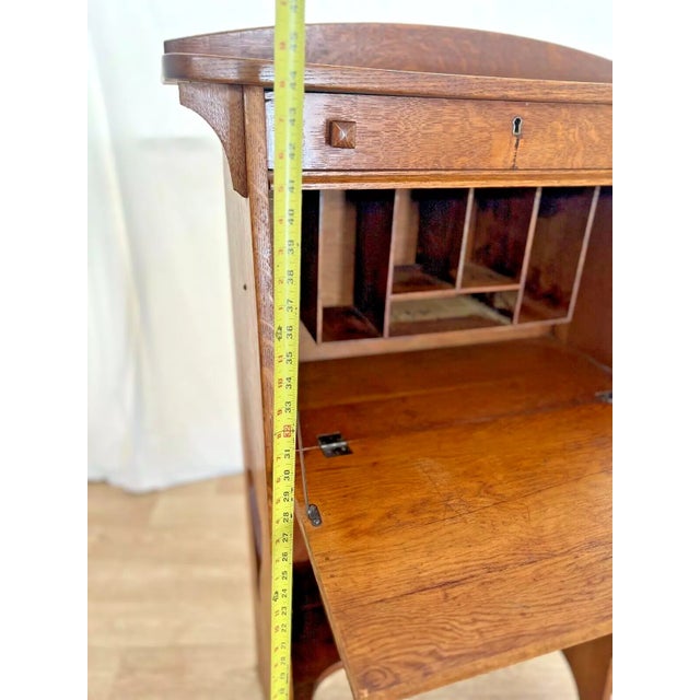 Arts and Crafts Secretary Desk Oak, Space Saver, Top Drawer, Bottom Bookshelf For Sale - Image 10 of 12