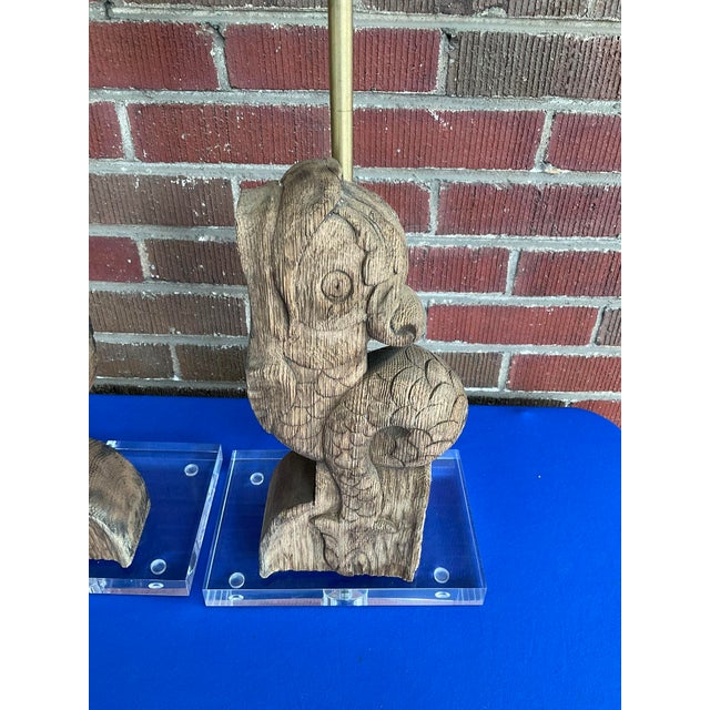 French Pair Antique French Dolphin Architectural Fragment Lamps W/Lucite Bases For Sale - Image 3 of 9