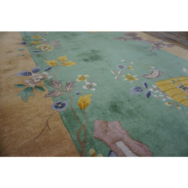 1920s Green Celadon Floral Scene Chinese Art Deco Carpet 4'5'' X 11'9'' Knotted Wool Rug For Sale - Image 9 of 11