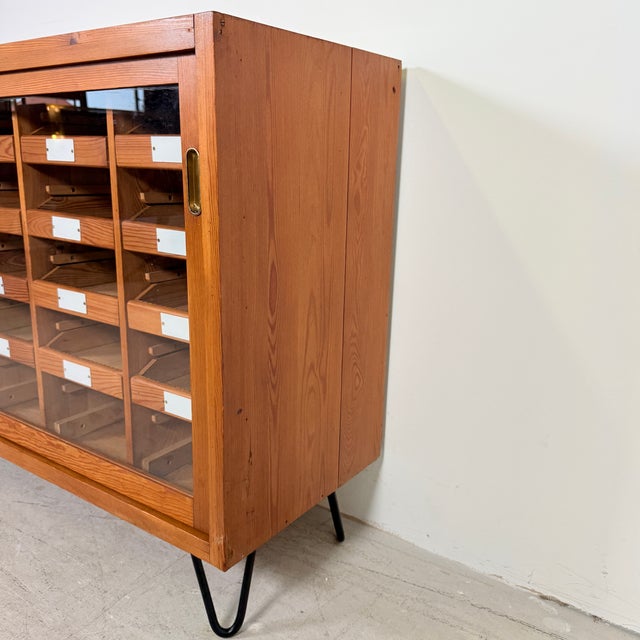 Vintage German Pine Sideboard with 24 Drawers and Glass Sliding Doors, 1960s For Sale - Image 11 of 14