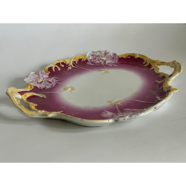 Antique Weimar Germany Porcelain Tray Raspberry Magenta Ground Gilt Floral For Sale - Image 9 of 11
