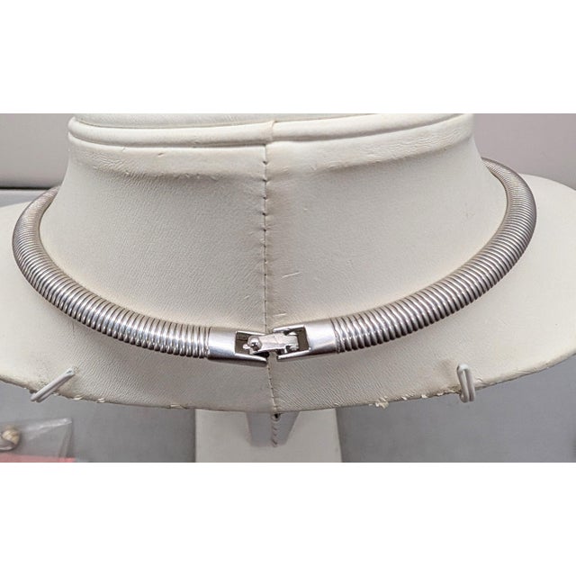 Metal Vintage 1985 Signed Monet Rhodium Plated Ivory Enamel Zebra Stripe v Collar Necklace For Sale - Image 7 of 10