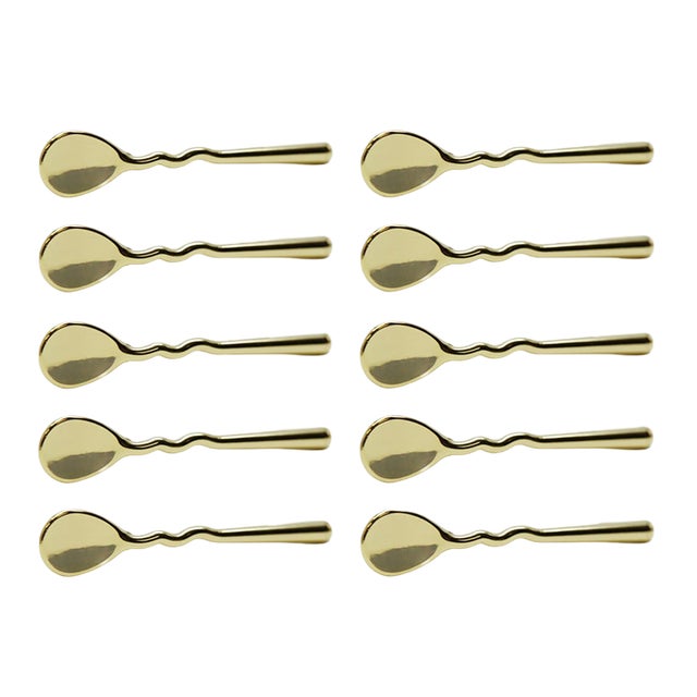 Set of 10 Polished Brass Spoon Shaped Cabinet Pulls For Sale