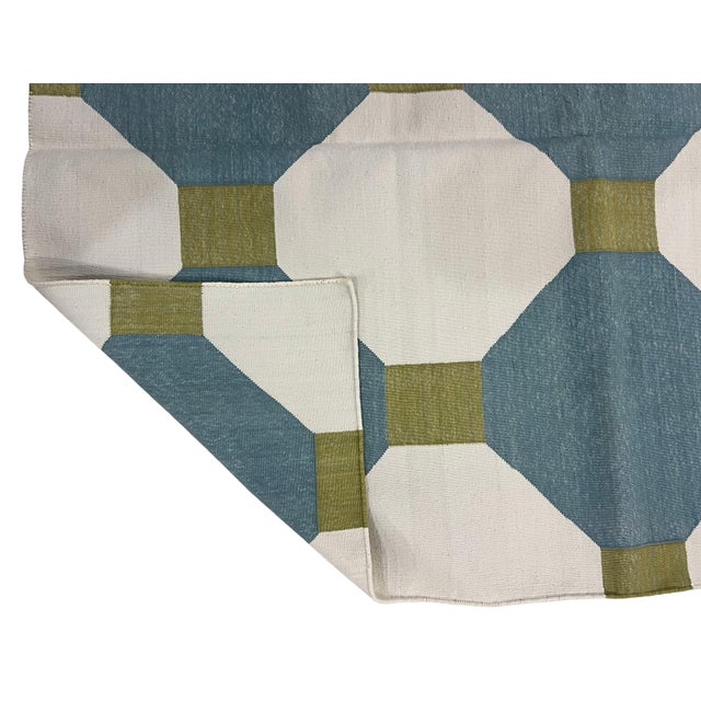 Handmade Cotton Flat Weave Area Rug, Teal Blue, Cream and Olive Green Tile Dhurrie - 8'x10' For Sale - Image 12 of 13