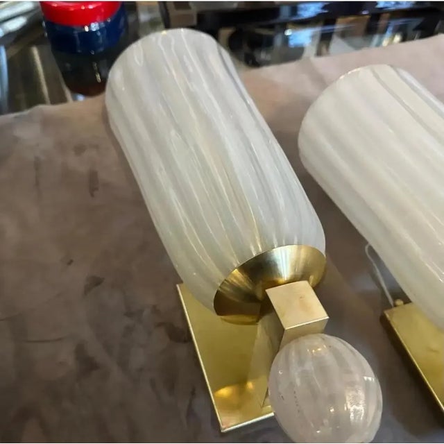 Two 1990s Barovier Style Mid-Century Modern Brass and Murano Glass Wall Sconces For Sale - Image 15 of 18