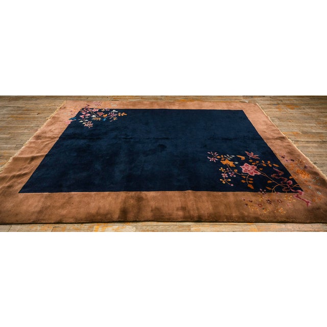 Art Deco 1920s Navy Open Field Floral Modern Knotted Wool Antique Chinese Art Deco Rug For Sale - Image 3 of 8
