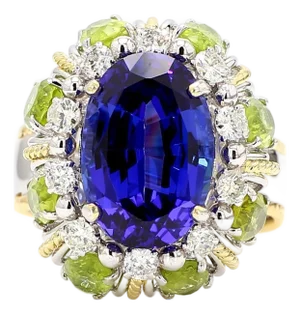 15.62 Carat Tanzanite, Peridot, Diamond Halo 18k White Gold Cluster Ring, Size 9.5