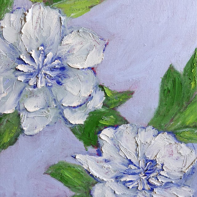 Original Framed Daisy Garden Painting, White Blue Green Floral Wall Art, Oil on Canvas in Gold Frame, 14x14 Maximalist Boho Home Decor For Sale - Image 4 of 5