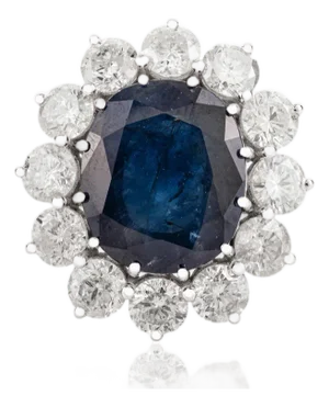 8.21ctw Deep Royal Sapphire Princess Diana Diamond Cocktail Ring in 18k White Gold Size 7