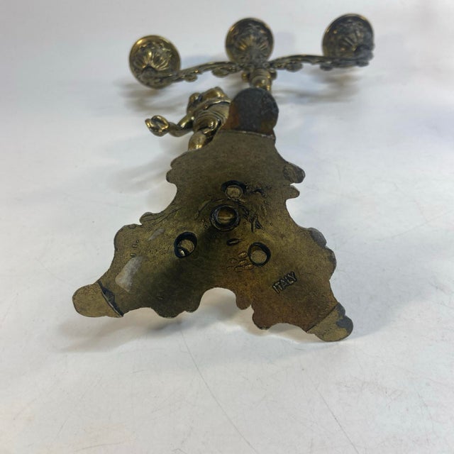 Vintage Pair Cherub Three Armed Candle Holder Cast Metal Italy Chateau Style For Sale - Image 11 of 11