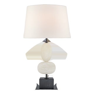 Thomas O'Brien by Visual Comfort Signature Dani Medium Cordless Table Lamp in Alabaster and Black Marble with Linen Shade For Sale