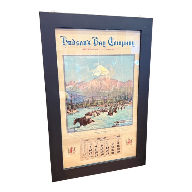 Rare 1938 Hudson’s Bay Company Calendar Framed Canadian Advertising Print For Sale