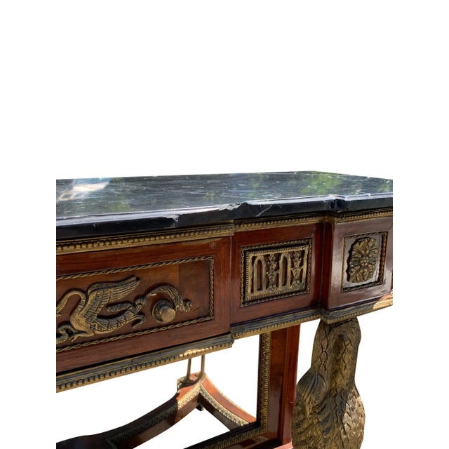 French Marble Top Brass Console Table With Mirror Front With Birds