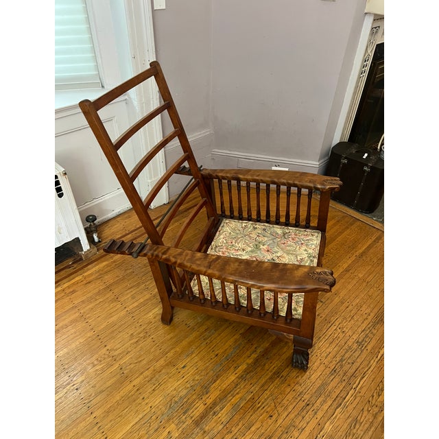 Morris Style Reclining Chair With Floral Upholstery, Oak Leaf Detail on Armrest and Claw Feet For Sale In New York - Image 6 of 10