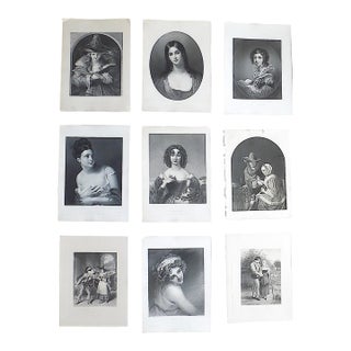 Antique 19th Century. Engravings of 1800's Young Women - Set of 9 For Sale
