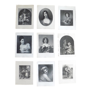 Antique 19th Century. Engravings of 1800's Young Women - Set of 9
