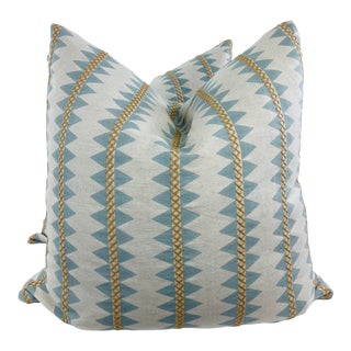 Thibaut "Reno Stripe Embroidery" in Spa Blue 22" Pillows-A Pair For Sale