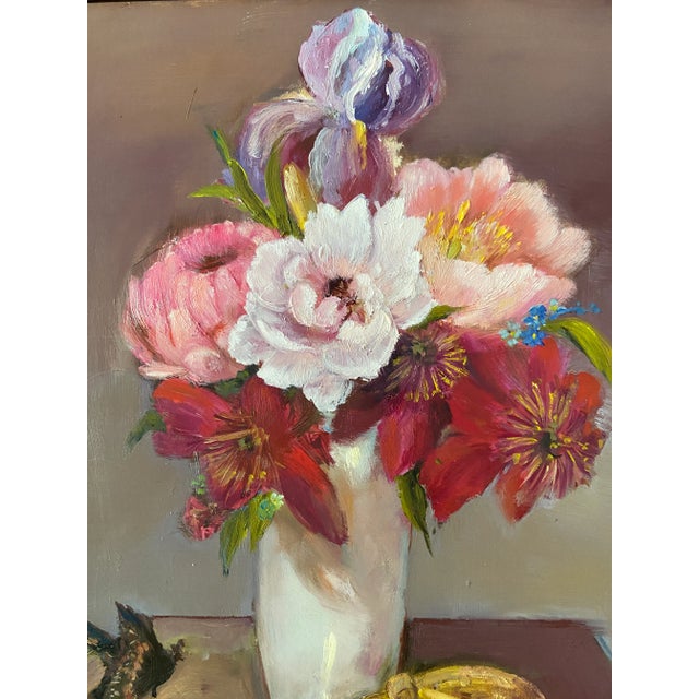 Contemporary Peony Still Life With Butterflies Contemporary Oil Painting by Marina Movshina Framed For Sale - Image 3 of 5