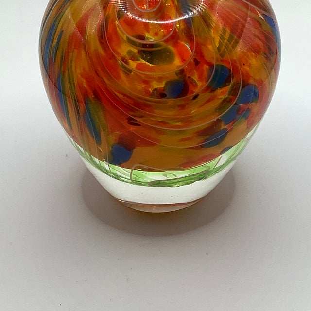 Vintage Hand Blown Murano Style Orange Blue Swirl Thick Glass Bud Vase