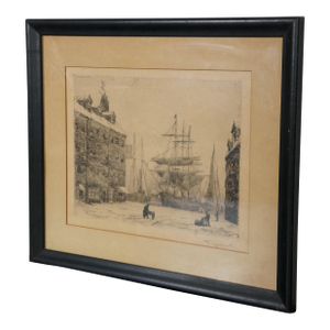 Late 19th Century Antique Frederick Leo Hunter Maiden Lane Ny Harbor Maritime Cityscape Etching, Framed