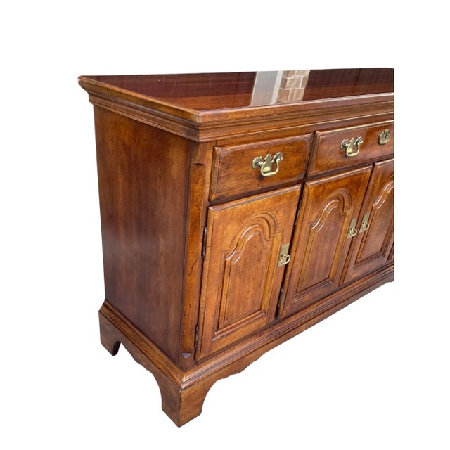 English Vintage Cherry Wood Sideboard With Brass Handles and Pulls Linned Drawers For Sale - Image 3 of 12
