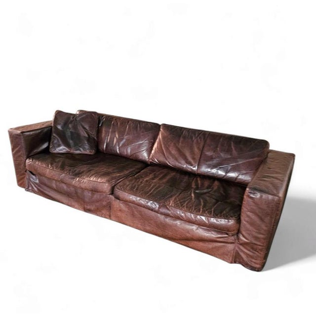 Large Loose Cover Brown Leather Lounge Sofa, 1970s For Sale - Image 6 of 18