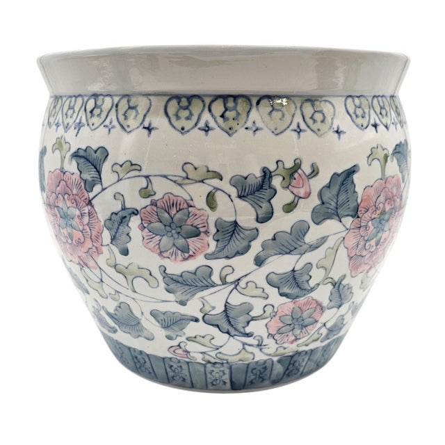 Chinese Famille Rose Style Porcelain Fish Bowl Planter — Blue & Pink Floral For Sale - Image 12 of 14