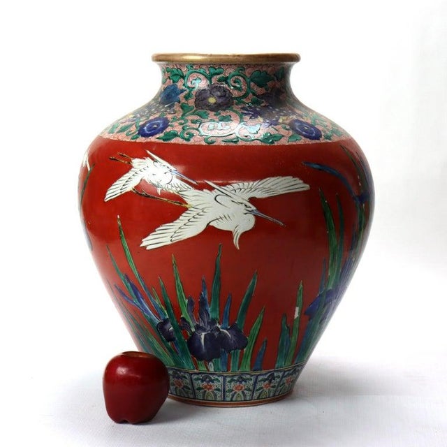 Ceramic Antique Japanese Meiji Aesthetic Figural & Floral Pottery Vase With Heron C1900 For Sale - Image 7 of 11