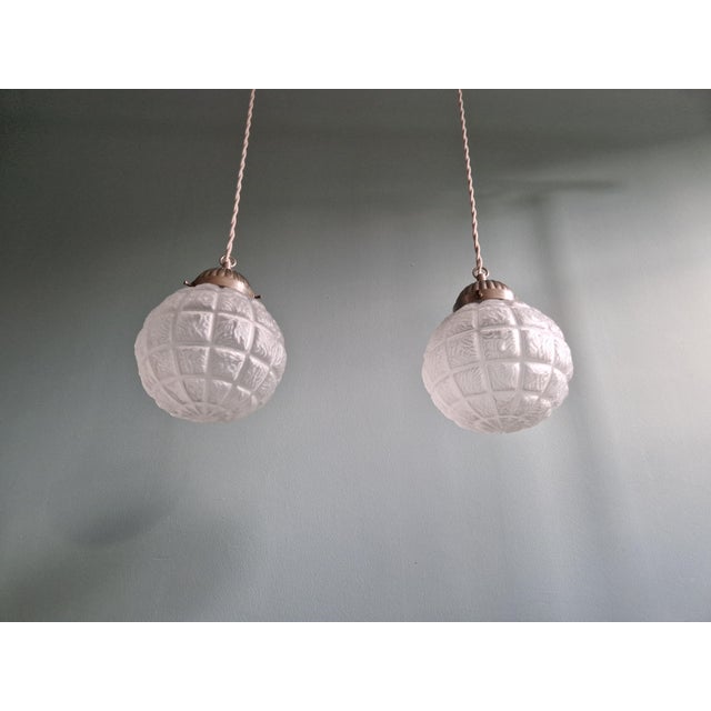Metal Art Deco Pendant Lights in Pressed Molded Frosted Glass, 1930s, Set of 2 For Sale - Image 7 of 16