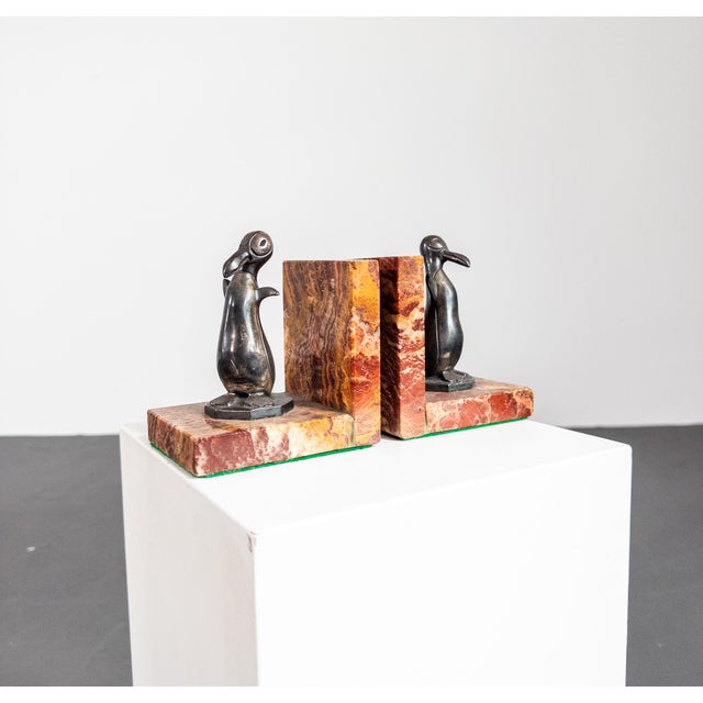 Art Deco Bookends in Red Marble and Metal Penguins, 1930s, Set of 2 For Sale - Image 9 of 11