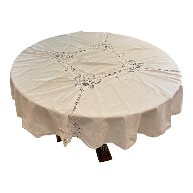 Mid 20th Century Battenberg Lace Round Tablecloth For Sale