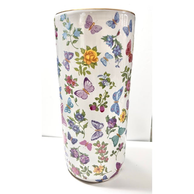 Vintage Spring Butterfly & Botanical Ceramic Umbrella Stand Floor Vase With Gold Rim, Late 20th Century For Sale - Image 4 of 8